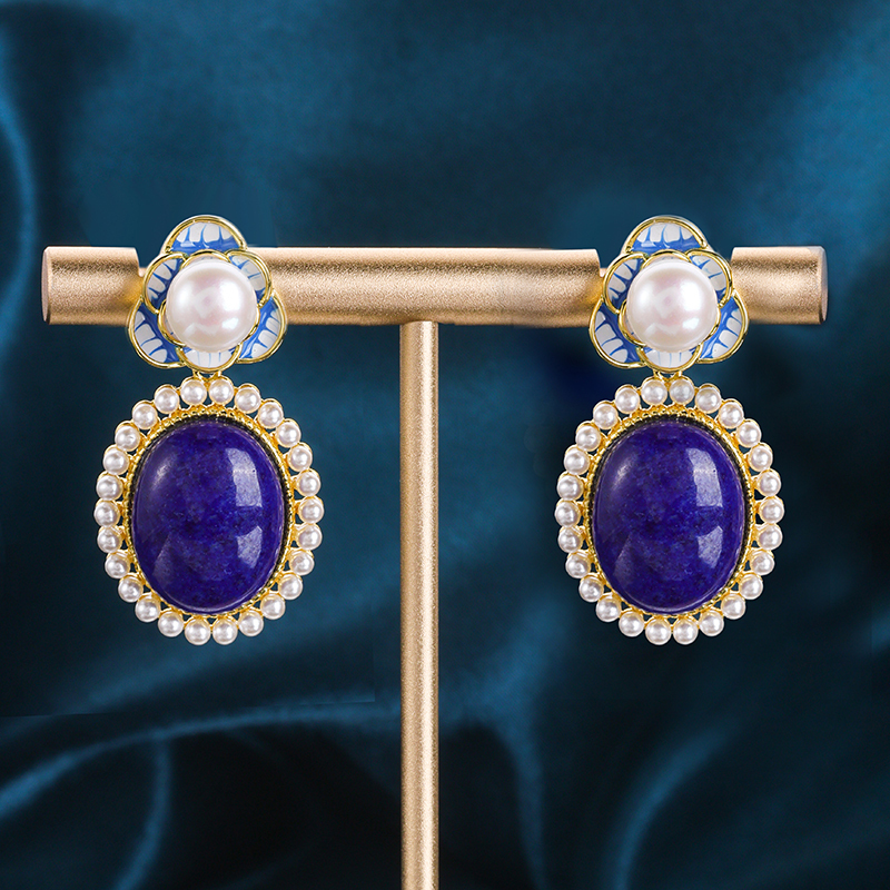 Genuine Lapis Lazuli & Freshwater Pearl Studs in 14K Gold | Women's Luxury Minimalist Jewelry - Certified Natural Gemstone Earrings