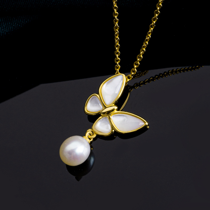 Natural Mother of Pearl & Pearl Butterfly Necklace