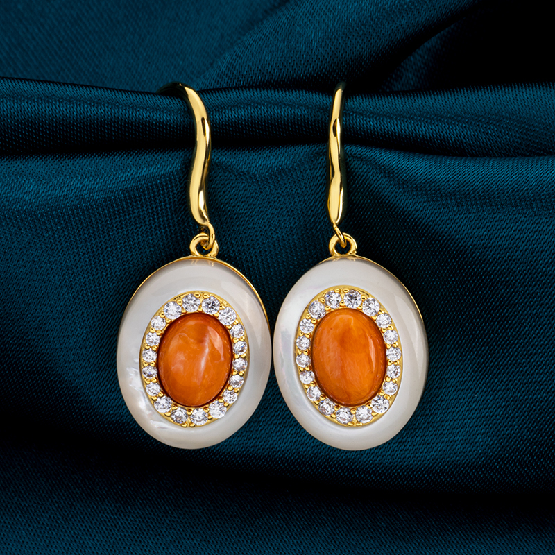 Orange Spiny Oyster Earrings – Oval Shell Dangle Drop, Boho Beach Jewelry for Women