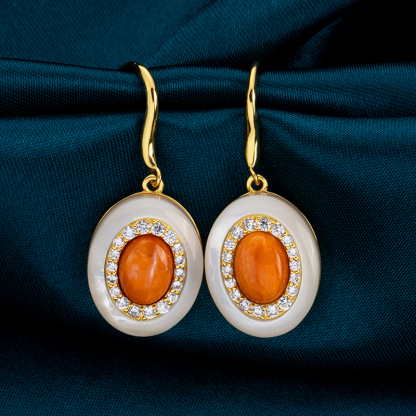 Orange Spiny Oyster Earrings – Oval Shell Dangle Drop, Boho Beach Jewelry for Women