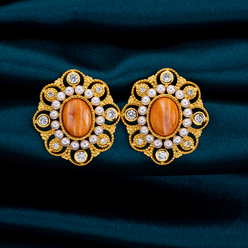 Natural Spiny Oyster Earrings Women – French Royal Style Studs, Handmade Baroque Jewelry