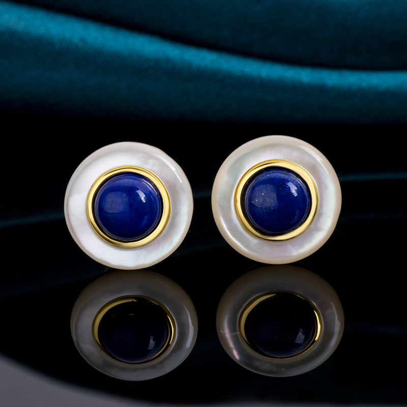 Minimalist Lapis Lazuli Round Stud Earrings - Bohemian Style