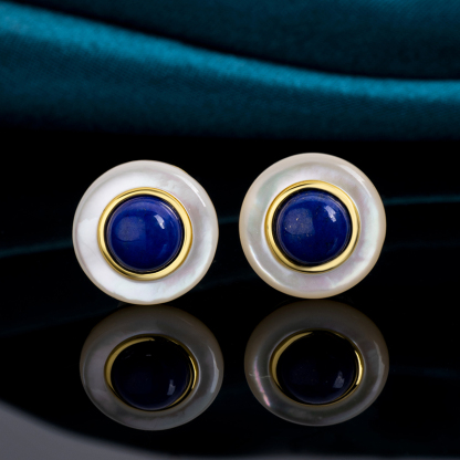 Minimalist Lapis Lazuli Round Stud Earrings - Bohemian Style