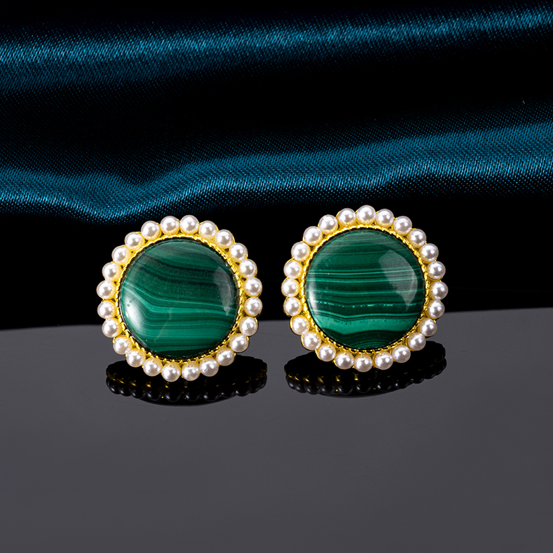 Trendy Malachite Pearl Stud Earrings
