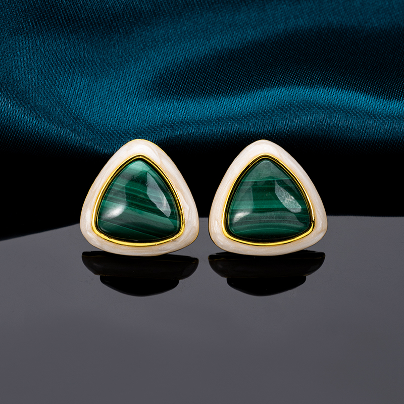 Triangular Resin-Coated Natural Malachite Earrings