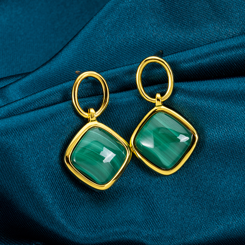 Minimalist Square Natural Malachite Earrings