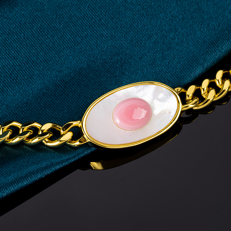 Natural Queen Conch Evil Eye Cuban Chain Bracelet