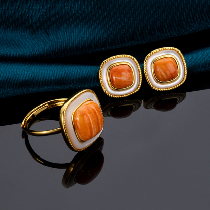 Korean Style Minimalist Square Stud Earrings - Orange-Yellow Natural spiny oyster Shell Jewelry