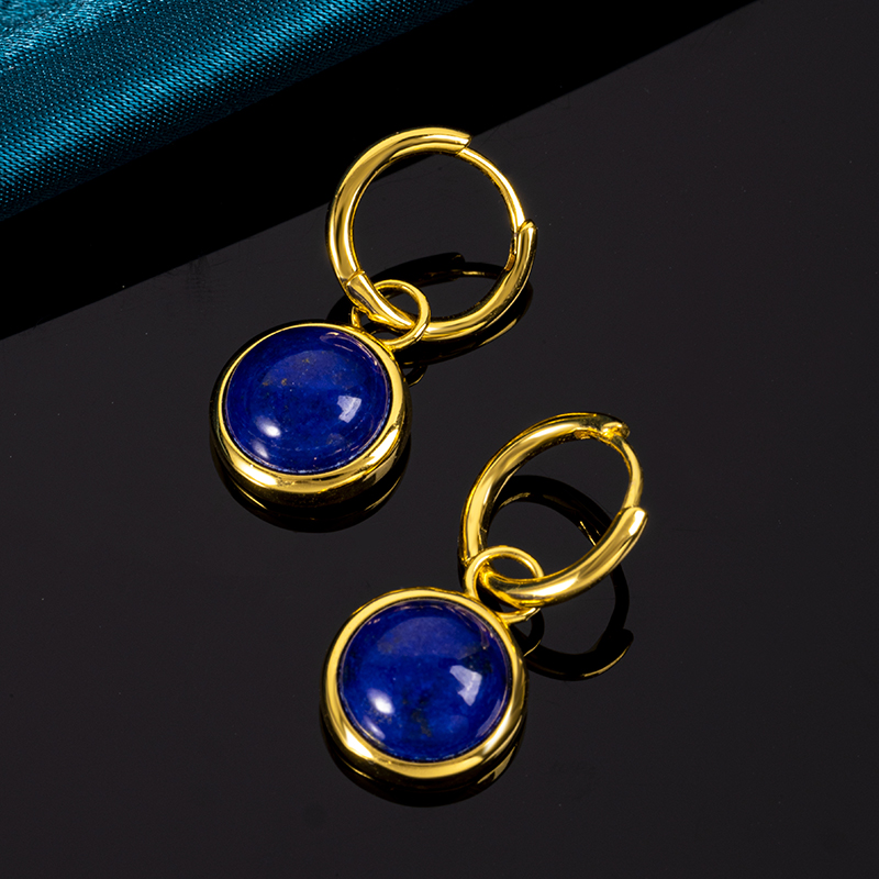 Minimalist Brushed Gold Lapis Lazuli Hoops