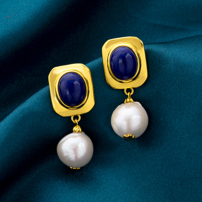 Lapis & Pearl Drop Earrings | Vintage Classic Style