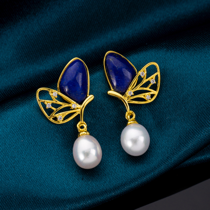 Lapis Butterfly & Pearl Drop Earrings | Natural Gemstone