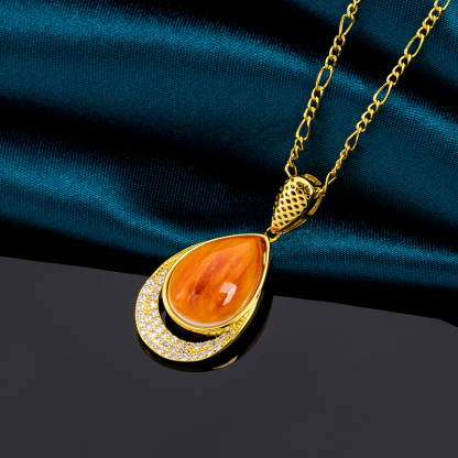 Sunset Orange Teardrop Necklace - Natural Spiny Oyster Shell Collarbone Chain in 18K Gold Plating