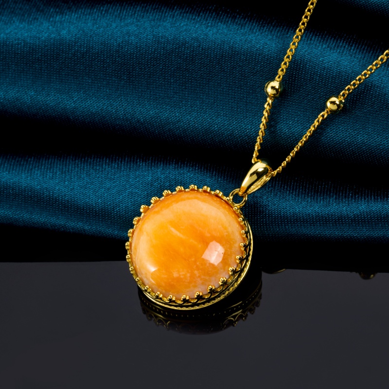 Sunset Orange Round Necklace - Natural Spiny Oyster Shell Pendant with 18K Gold Accent Chain