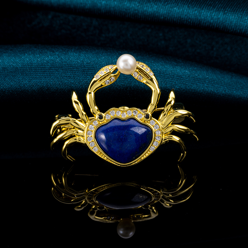 Natural Lapis Lazuli Crab Brooch - Adorable Charm