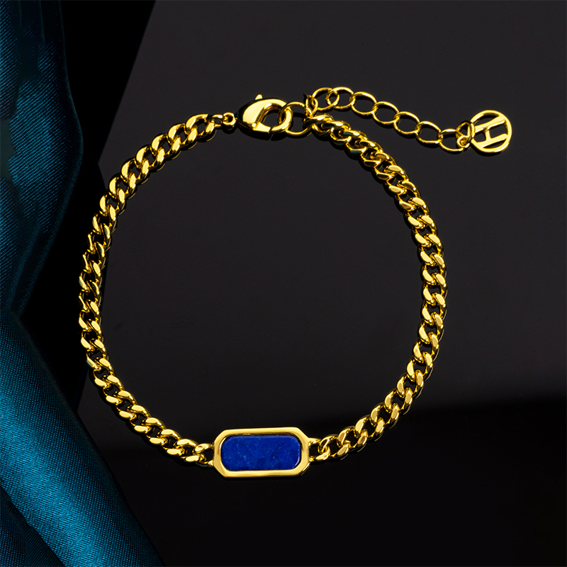 Natural Lapis Lazuli Cuban Chain Bracelet - Square Link