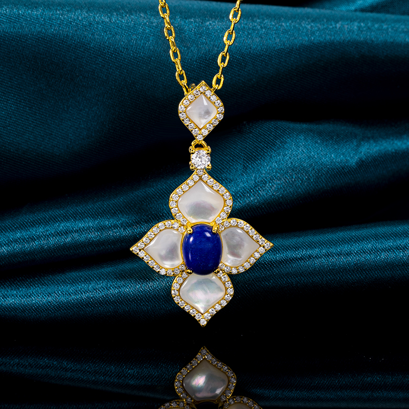 Natural Lapis Lazuli & White MOP Clover Necklace