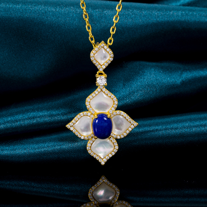 Natural Lapis Lazuli & White MOP Clover Necklace