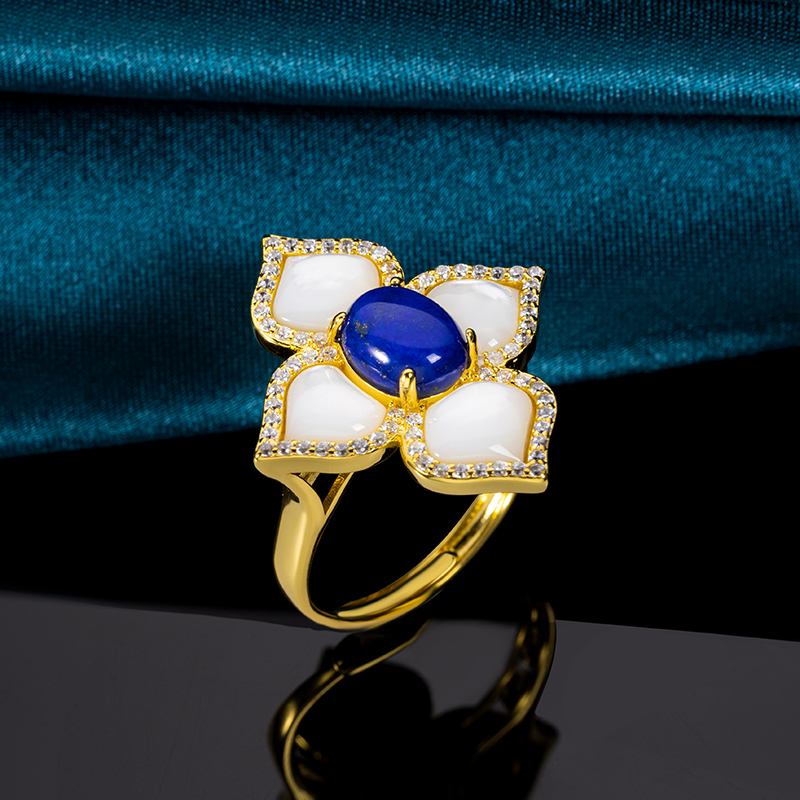 Blue Lapis Mother-of-Pearl Clover Ring Lucky