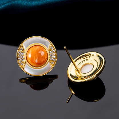 Luxury Geometric Circular Stud Earrings with Natural Spiny Oyster Inlay