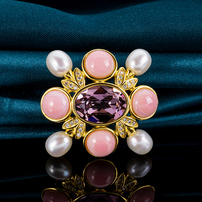 Designer Queen Conch & Pearl Floral Brooch