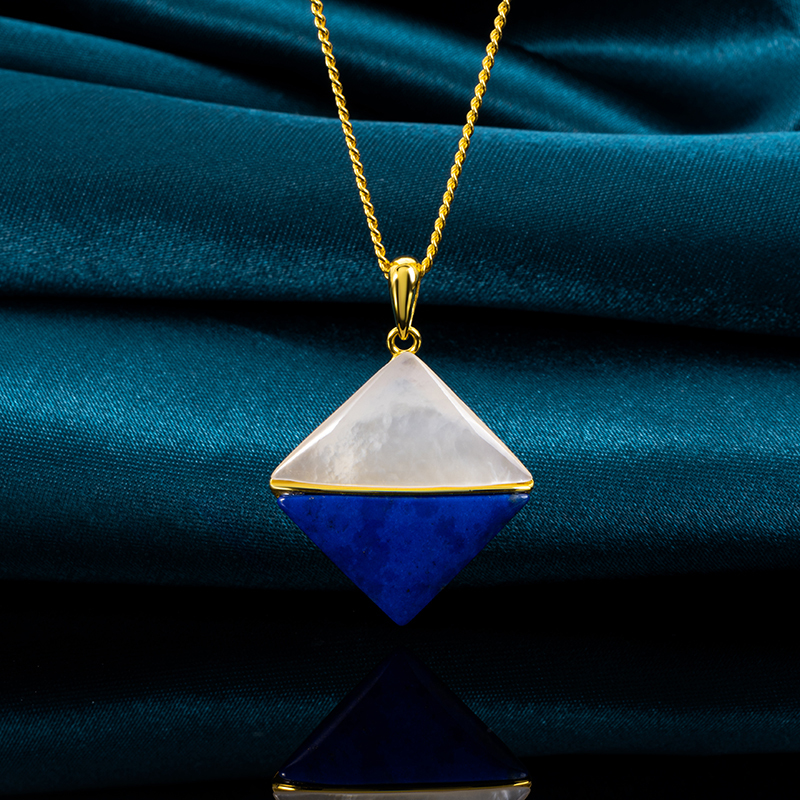 925 Silver Lapis & Pearl Geometric Square Necklace