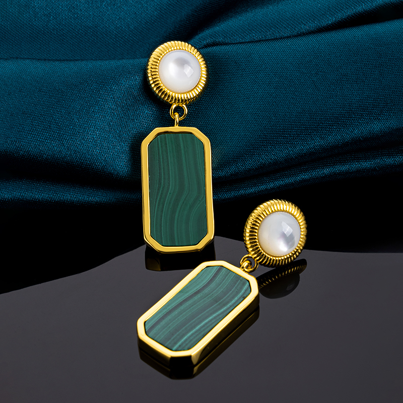 Vintage Style Square Malachite Drop Earrings