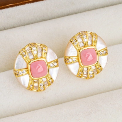 Premium Round Earrings - Oceanic Conch & White MOP, Handcrafted