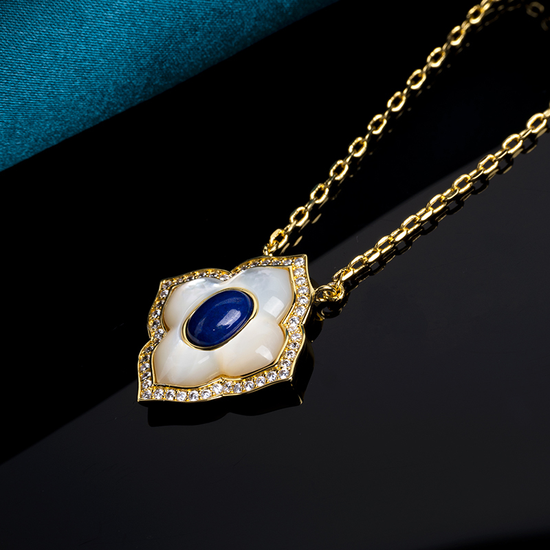 Luxe Blossom Choker - Lapis Lazuli Inlay Pendant, Celestial Gift for Her