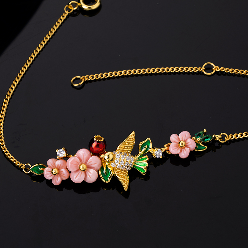 Pink Queen Conch Bracelet: Carved Plum Blossom & Birds | Women