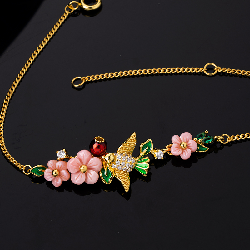 Pink Queen Conch Bracelet: Carved Plum Blossom & Birds | Women