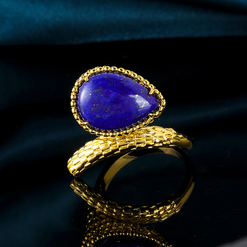 Lapis Lazuli Serpent Ring – Thick 18K Gold Plated Bold Statement Jewelry, Instagram-Worthy Index Finger Ring