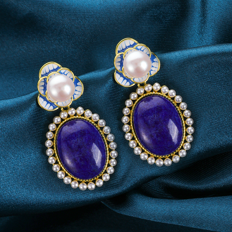 Genuine Lapis Lazuli & Freshwater Pearl Studs in 14K Gold | Women's Luxury Minimalist Jewelry - Certified Natural Gemstone Earrings