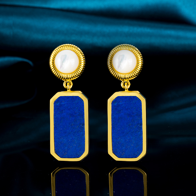 Square Lapis Lazuli & Mother of Pearl Earrings | 18K Gold Plated Geometric Studs & Drops - Modern Minimalist Luxury Jewelry with Art Deco Elegance