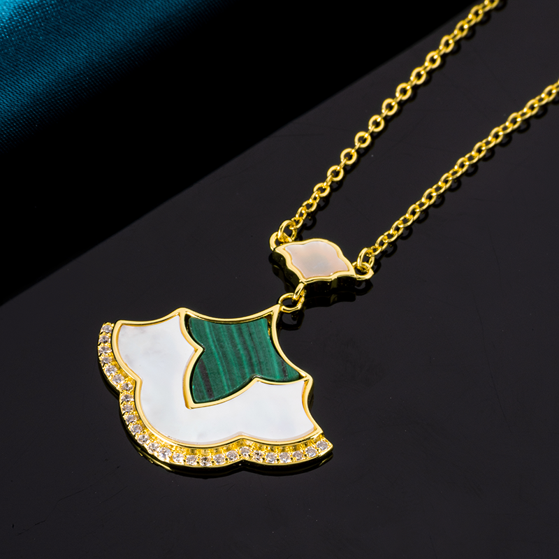 Natural Malachite & Mother of Pearl Mini Dress Necklace - Whimsical Feminine Jewelry with Artisan Charm (Dainty Everyday Elegance) ﻿