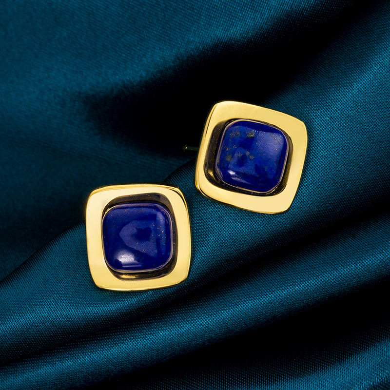 Minimalist Lapis Lazuli Stud Earrings | Geometric Square Design Jewelry