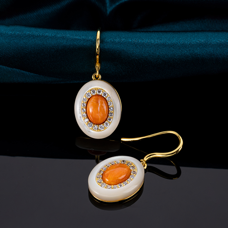 Orange Spiny Oyster Earrings – Oval Shell Dangle Drop, Boho Beach Jewelry for Women