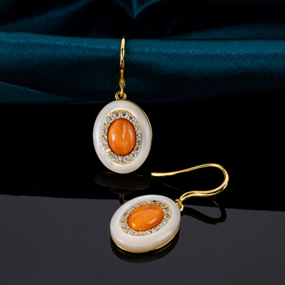 Orange Spiny Oyster Earrings – Oval Shell Dangle Drop, Boho Beach Jewelry for Women
