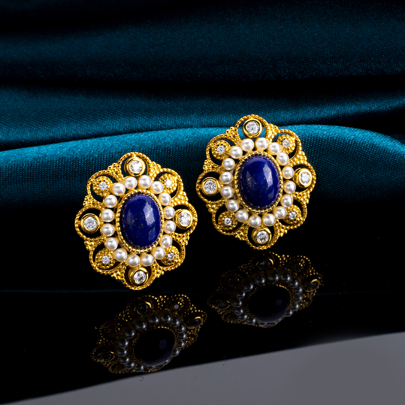 French Style Lapis Lazuli Vintage Stud Earrings