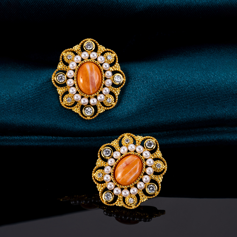 Natural Spiny Oyster Earrings Women – French Royal Style Studs, Handmade Baroque Jewelry