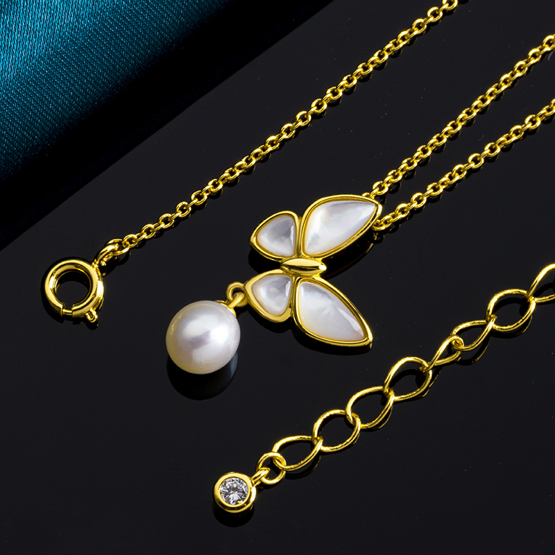 Natural Mother of Pearl & Pearl Butterfly Necklace