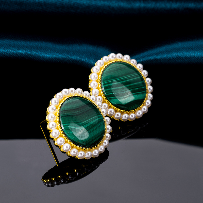 Trendy Malachite Pearl Stud Earrings