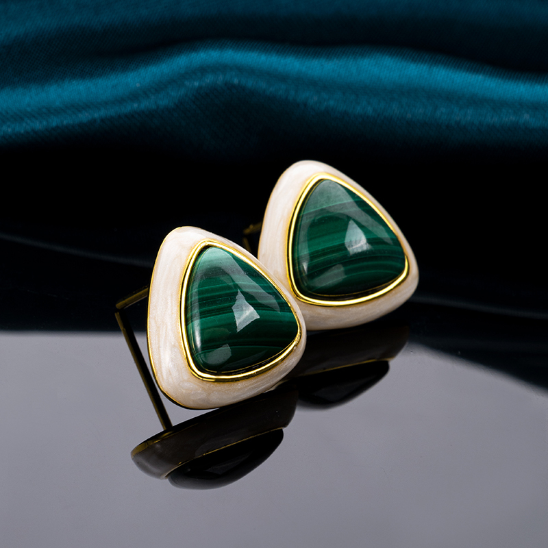 Triangular Resin-Coated Natural Malachite Earrings