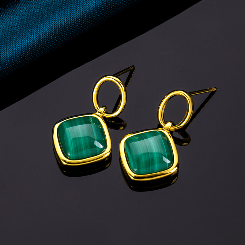 Minimalist Square Natural Malachite Earrings