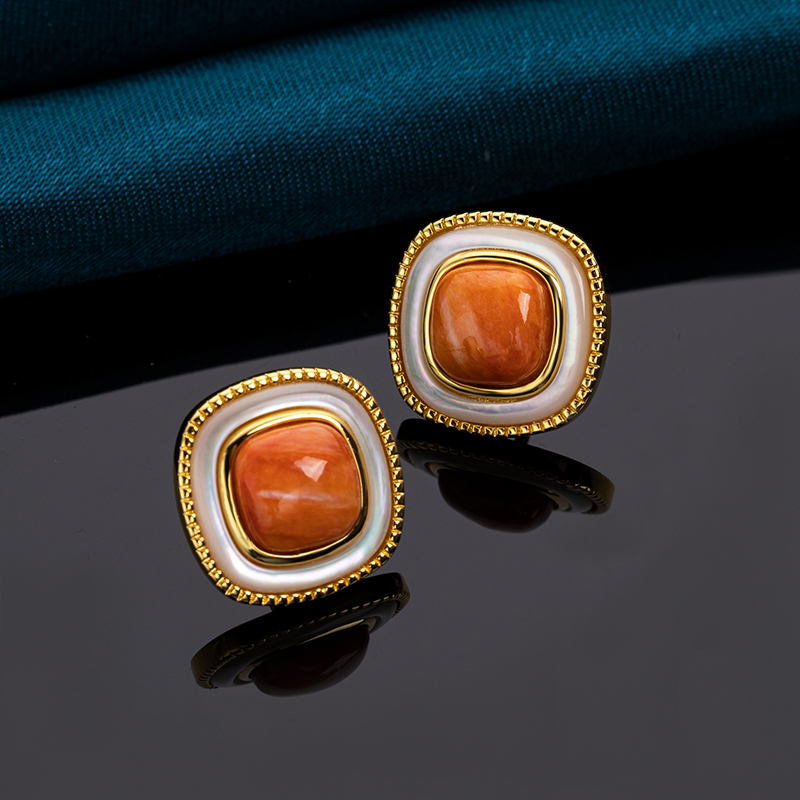 Korean Style Minimalist Square Stud Earrings - Orange-Yellow Natural spiny oyster Shell Jewelry