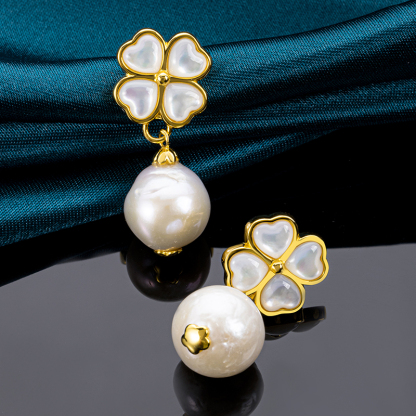 Natural MOP Clover Baroque Pearl Earrings