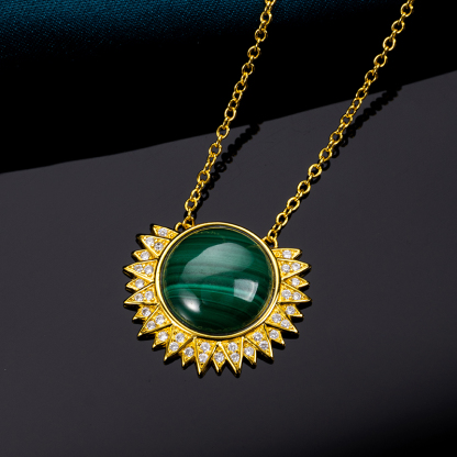 Luxe Malachite Sunflower Pendant – Slender Chain Elegance
