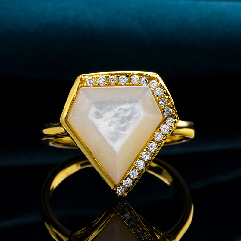 White Mother-of-Pearl Triangle Ring: Modern Minimalist