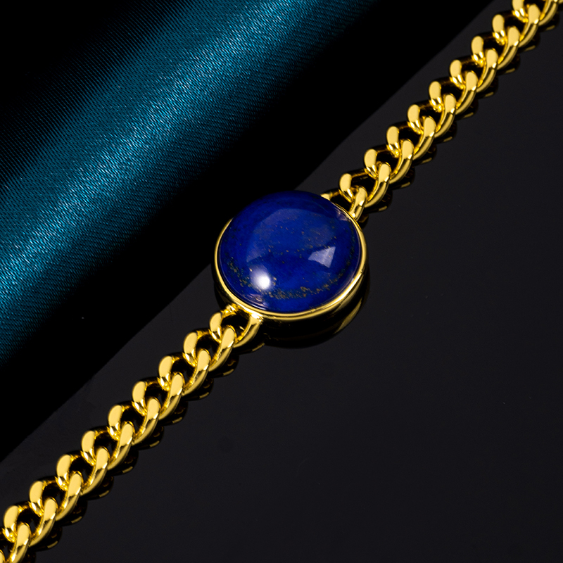 Round Lapis Lazuli Cuban Chain | Women's Bracelet