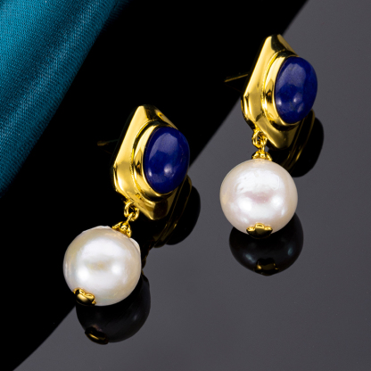 Lapis & Pearl Drop Earrings | Vintage Classic Style