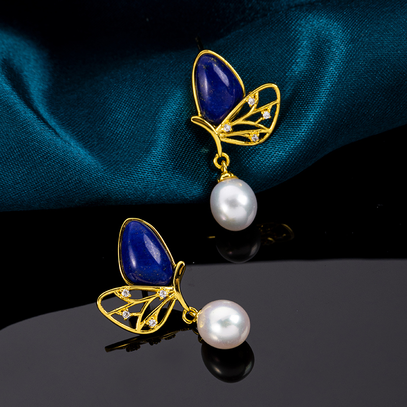 Lapis Butterfly & Pearl Drop Earrings | Natural Gemstone